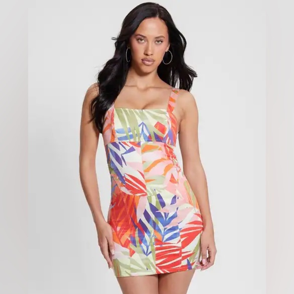 Guess Tropical Palm Print Bodycon Mini Dress Small Summer Vacation Dress